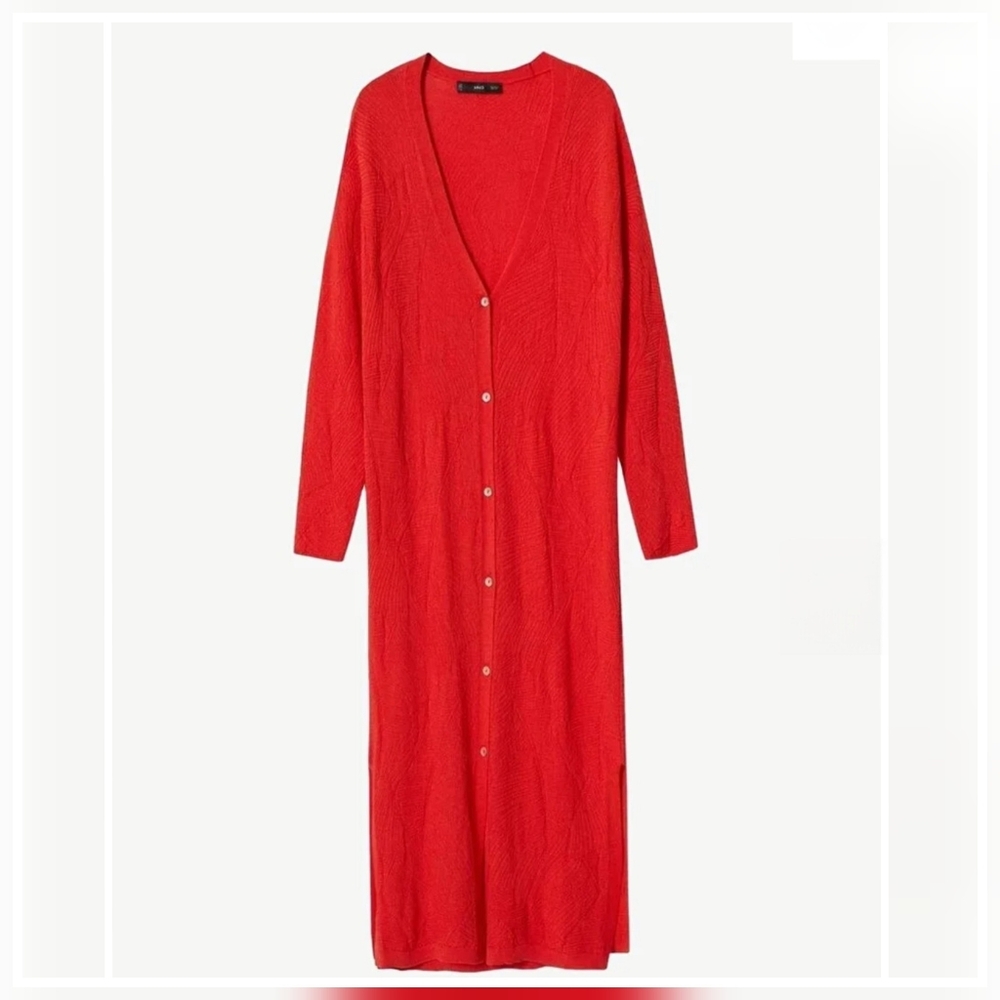 Mango MNG Red Longline Knit Duster Cardigan  Size L Button Front  Side Slits
